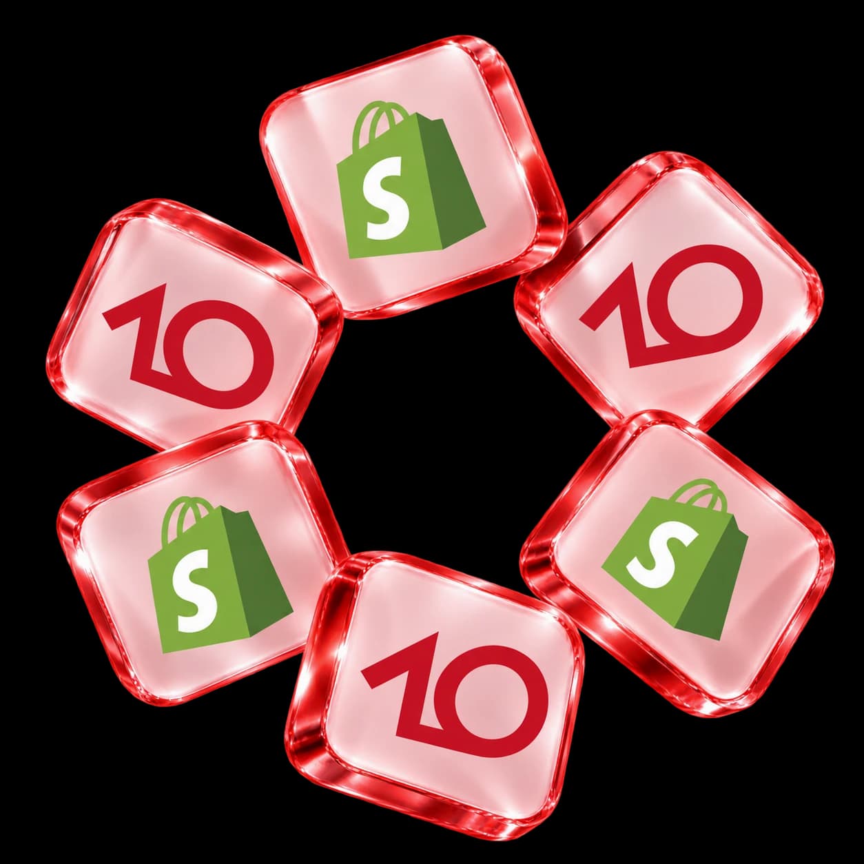 Shopify and 10Native logos on pink glass tiles arranged in a ring