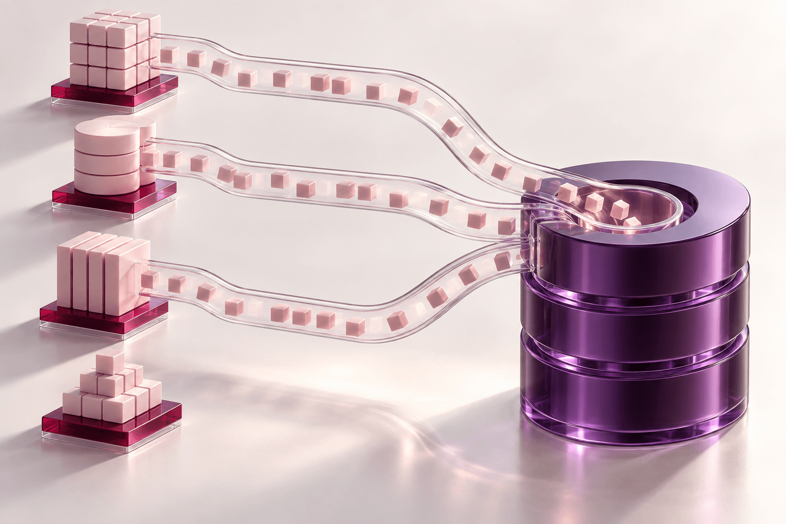 Concept illustration of multiple data sources flowing into one organized database