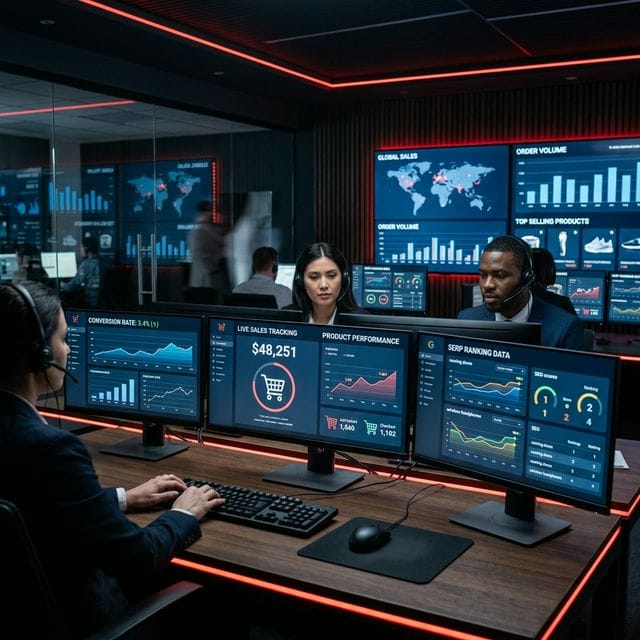 Ecommerce operations center with product analytics and search ranking dashboards