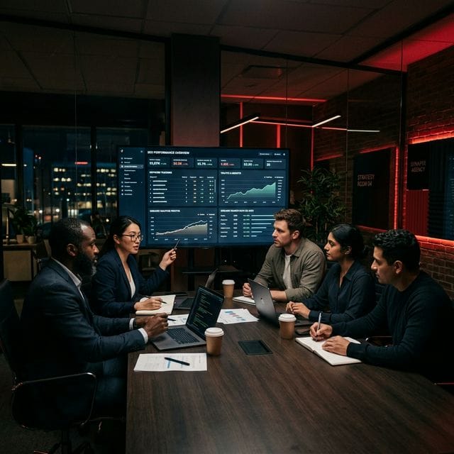 10Native SEO consulting team strategizing with analytics dashboard