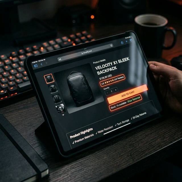 Shopify product page with conversion optimization elements - add to cart, reviews, and rich snippets