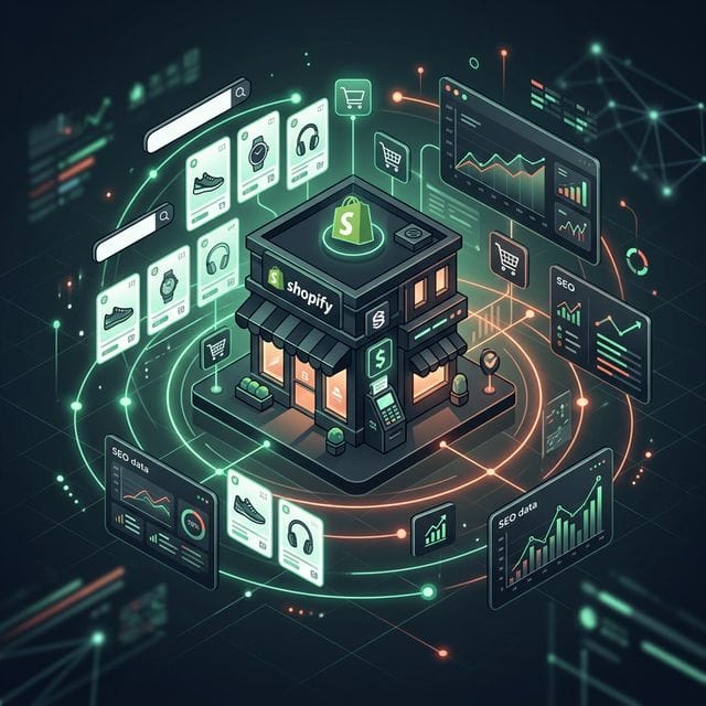 Shopify store technical SEO visualization showing interconnected product pages and site architecture